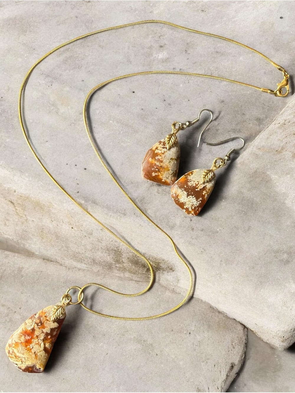 Baltic Egg Yolk Amber Necklace Earring Set | 18K Gold Plated